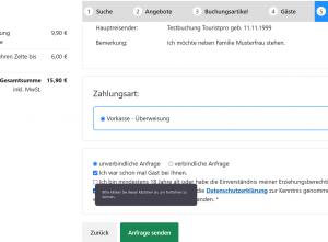 Beispielhafte Ansicht der Einstellungen aus dem vorherigen Bild, letzter Schritt der Buchungsstrecke