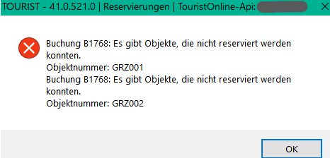 Ansicht im Tourist bei Doppelbelegung, Fehlermeldung